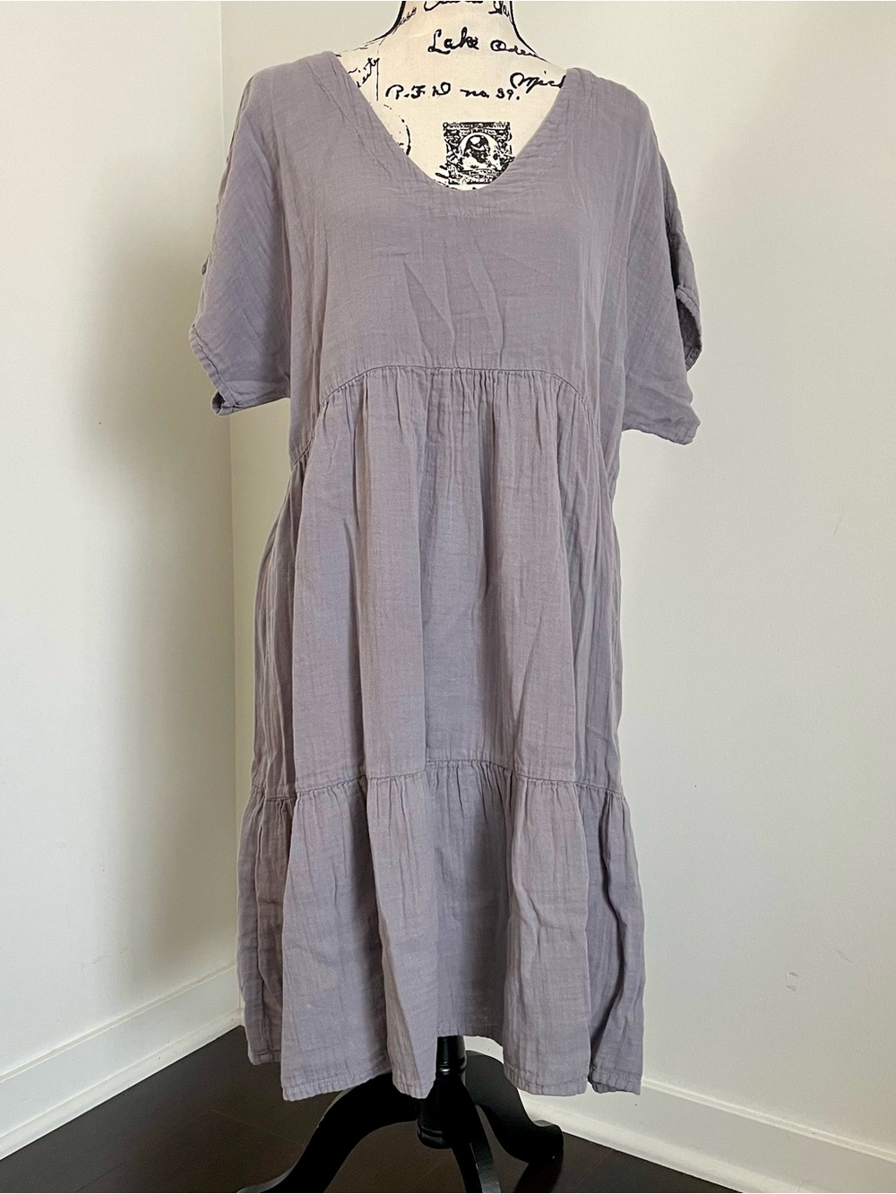 Mododoc Women's Grey Tiered gauze Short Sleeve Midi Dress